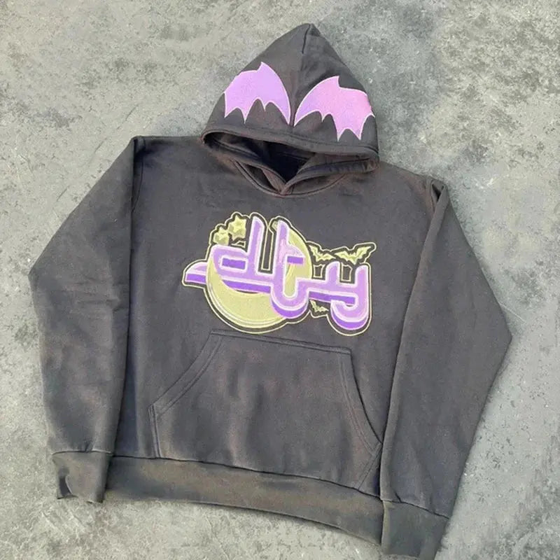 Y2k Logo Bat Embroidered Zip Hoodie