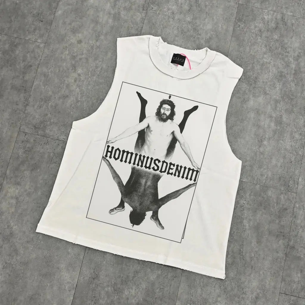 Yao888 Gothic Alphabet Print Casual Streetwear Tank Fashion Vintage Loose Baggy Retro Sleeveless 1:1 Cotton Sport Vest For Men Hominus Denim