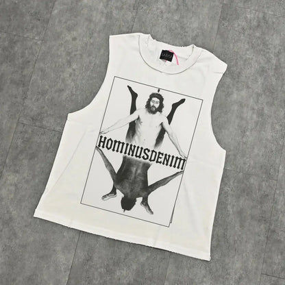 Yao888 Gothic Alphabet Print Casual Streetwear Tank Fashion Vintage Loose Baggy Retro Sleeveless 1:1 Cotton Sport Vest For Men Hominus Denim