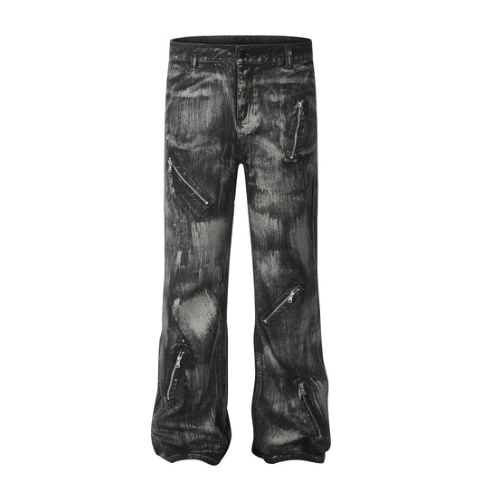 Zipper Decoration Jeans Mens High Street Washed Distressed Straight Loose Trousers Men Denim Pants Hominus Denim