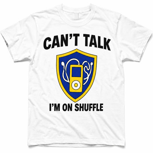Archived Memories Can't Talk I'm on Shuffle oversized white T-shirt, centered at uniform scale on pure white background