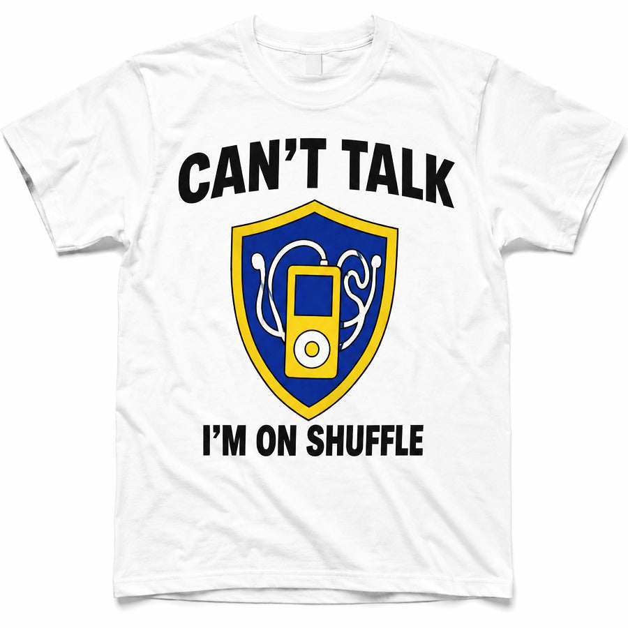 Archived Memories Can't Talk I'm on Shuffle oversized white T-shirt, centered at uniform scale on pure white background