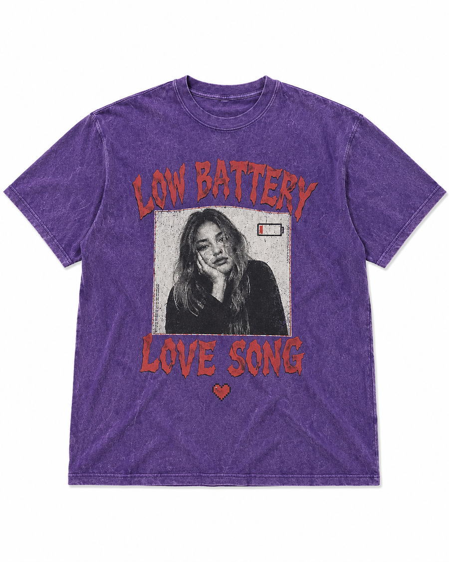 Archived Memories Low Battery Love Song washed purple oversized graphic T-shirt front view