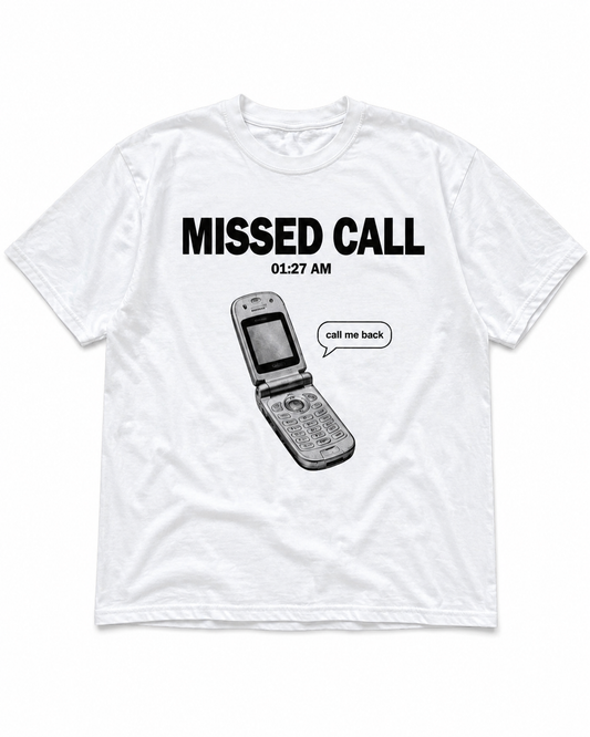 Archived Memories Missed Call flip phone oversized white graphic T-shirt front view