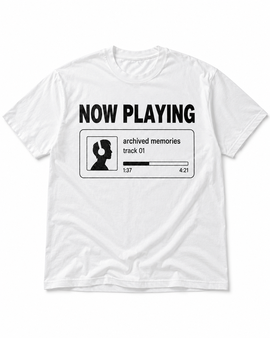 Archived Memories Now Playing iPod Era oversized white graphic T-shirt front view