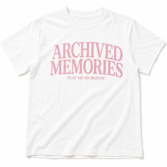 Archived Memories Play Me on Repeat oversized white T-shirt, centered at uniform scale on pure white background