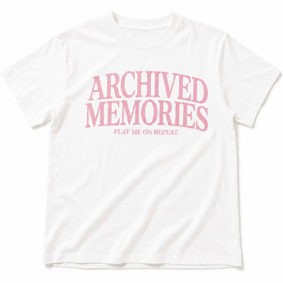 Archived Memories Play Me on Repeat oversized white T-shirt, centered at uniform scale on pure white background