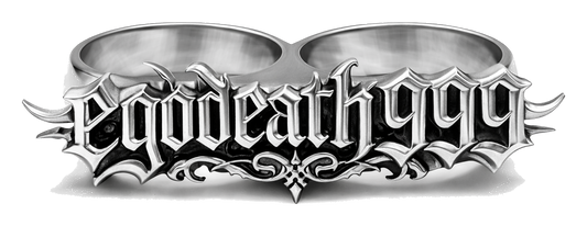EGODEATH999 silver-tone double finger ring, on transparent background