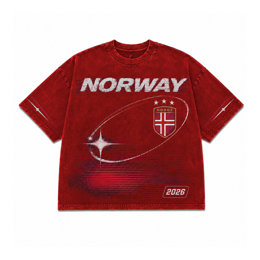 Norway 2026 red oversized vintage Y2K football graphic T-shirt on white background