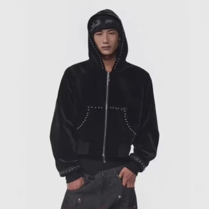 Black Metal Rivet Velvet Zip Hoodie