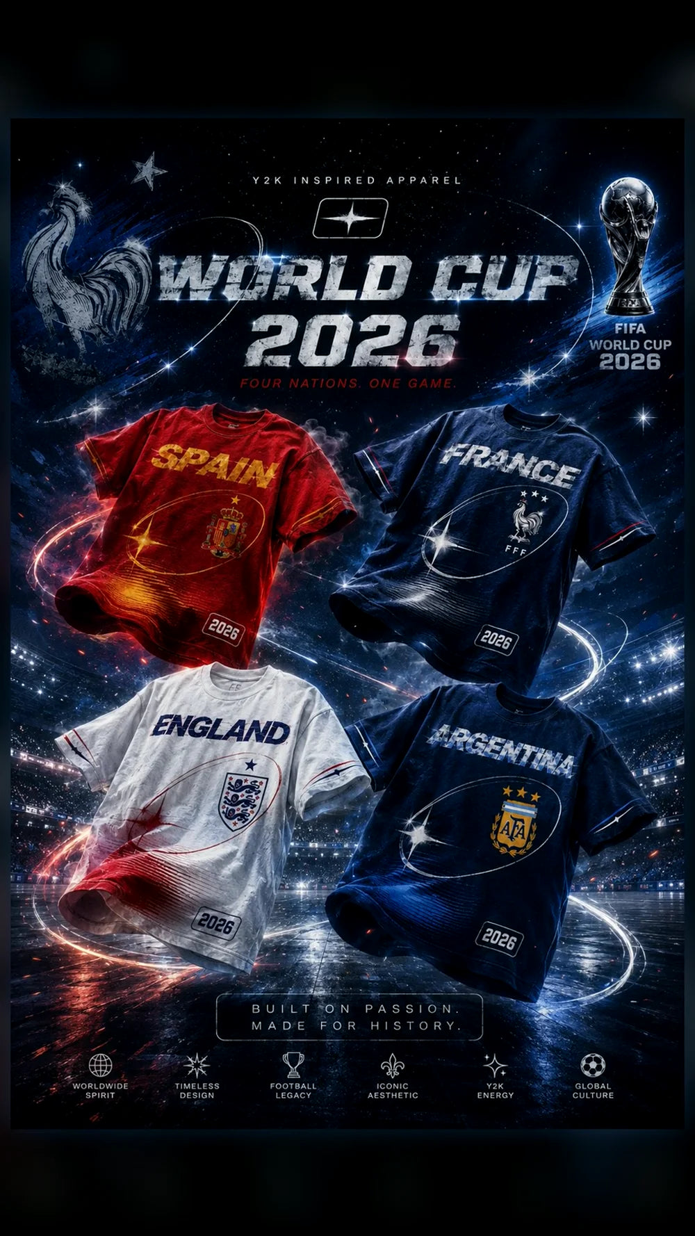 Archived Memories World Cup 2026 capsule — Spain, France, England and Argentina tees floating over a cosmic night stadium.